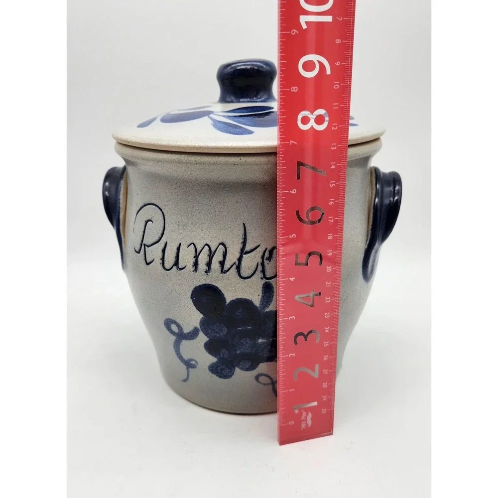 Lg Vintage Rumtopf Stoneware Salt Glazed Pottery Jar Crock & Lid 9” Cobalt Blue